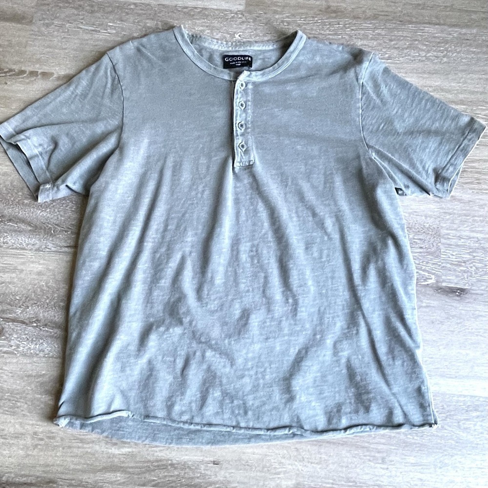 Goodlife Mens Large Sage Slub Cotton Short Sleeve Scalloped Henley Shirt USA